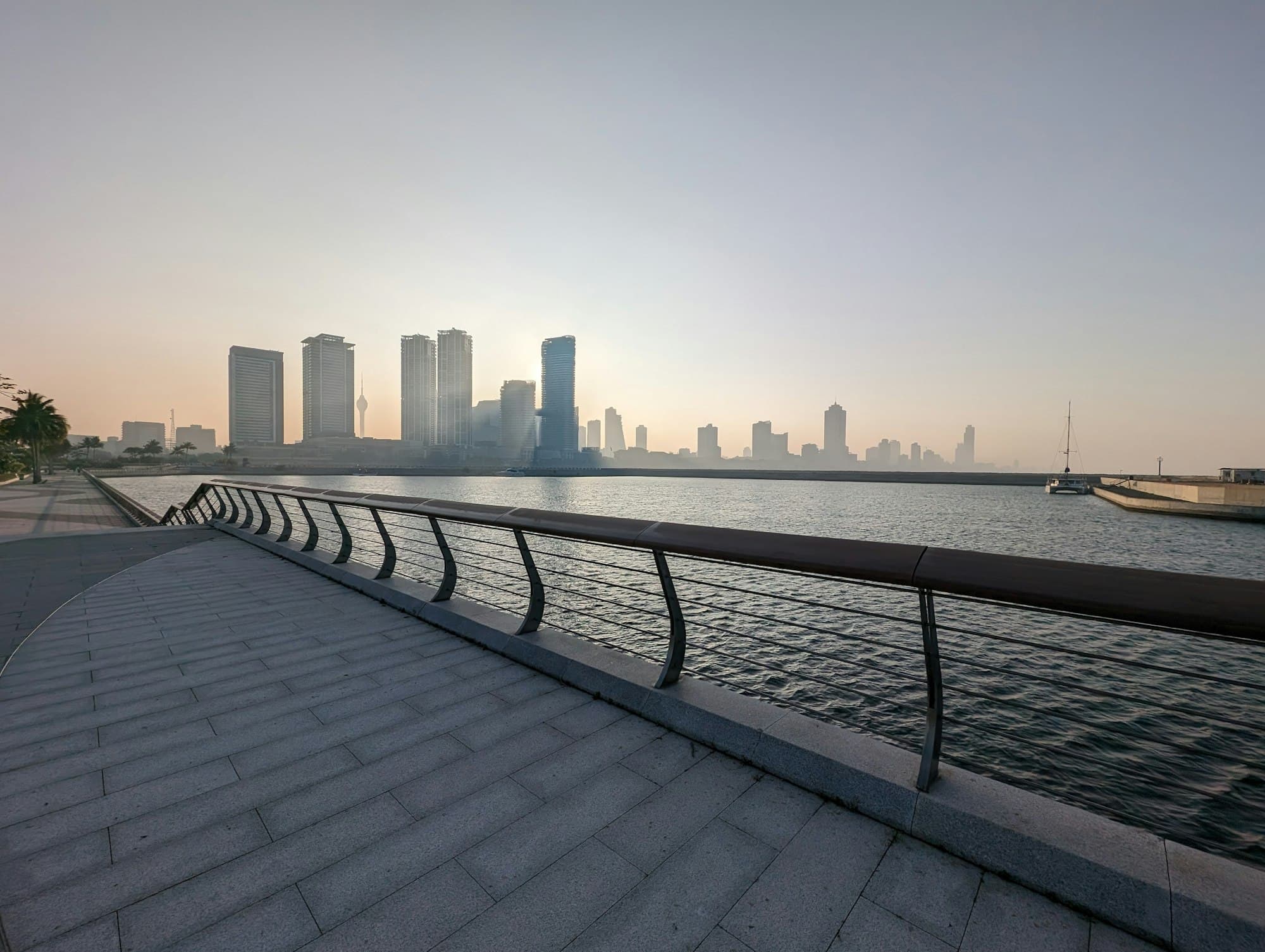 The Galle Face skyline and Lotus Tower of Colombo seen from the Port City waterfront at morning light