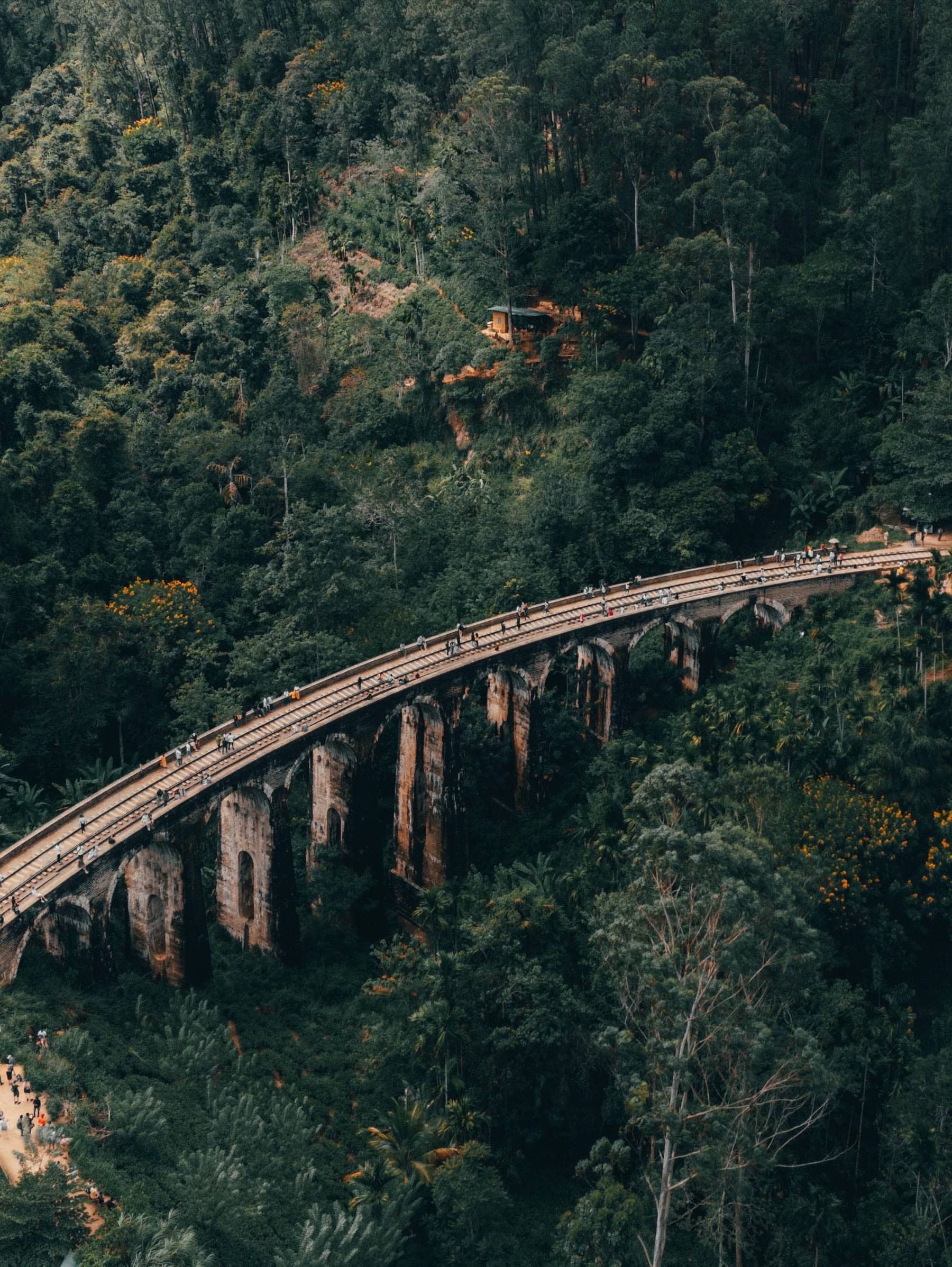 Aerial view of a train crossing the Nine Arch Bridge in Ella, framed by Sri Lanka’s tea-country highlands