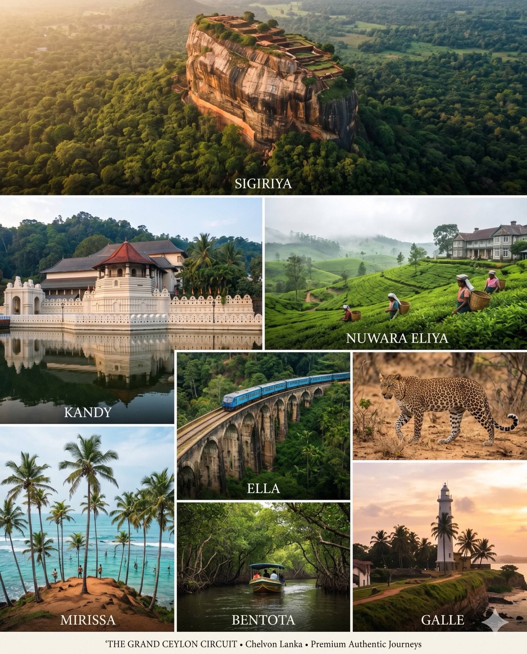 A collage of the Grand Ceylon Circuit — Sigiriya at golden hour, the Temple of the Tooth in Kandy, Nuwara Eliya tea pluckers, the blue train crossing Ella’s Nine Arch Bridge, a Yala leopard, Mirissa’s stilt fishermen, Bentota mangrove river, and Galle lighthouse