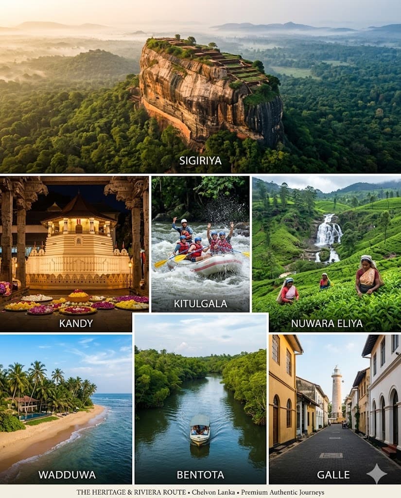 A collage of the Heritage & Riviera Route — Sigiriya, Kandy, Kitulgala white-water rafting, Nuwara Eliya tea country, Wadduwa, Bentota, and Galle